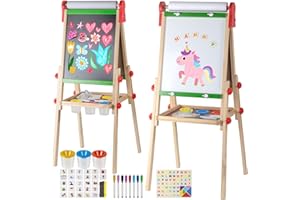 Kids Art Easel with Paper Roll for Toddlers, Adjustable Double Sided Magnetic Drawing Board Dry Erase Whiteboard & Chalkboard