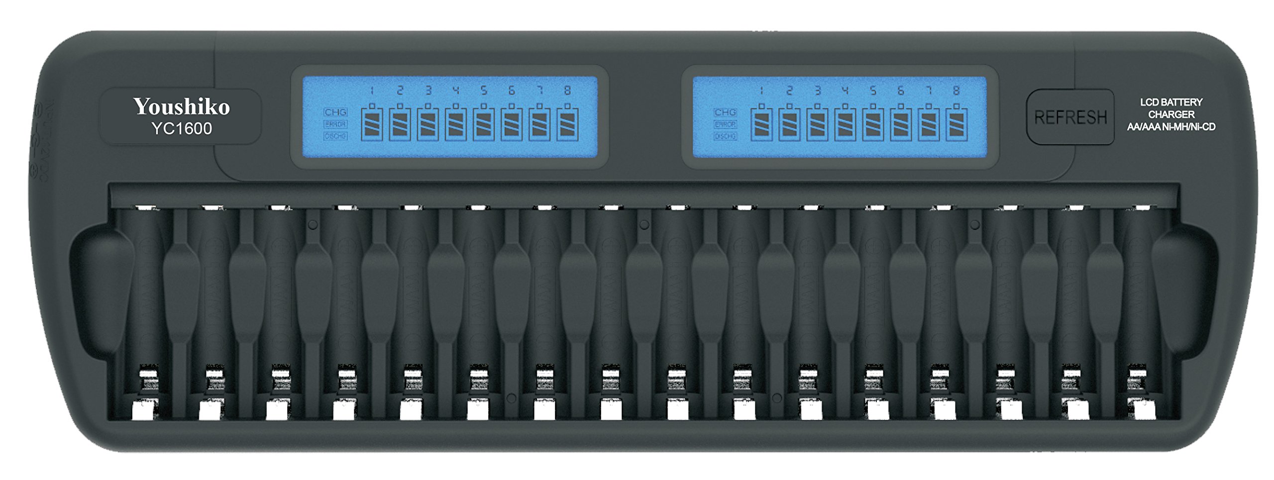Youshiko YC1600 Intelligent Battery Charger (Official 2025 UK Version) for 16 x AA/AAA batteries (Including Car 12V Adapter) with Discharging & Protection