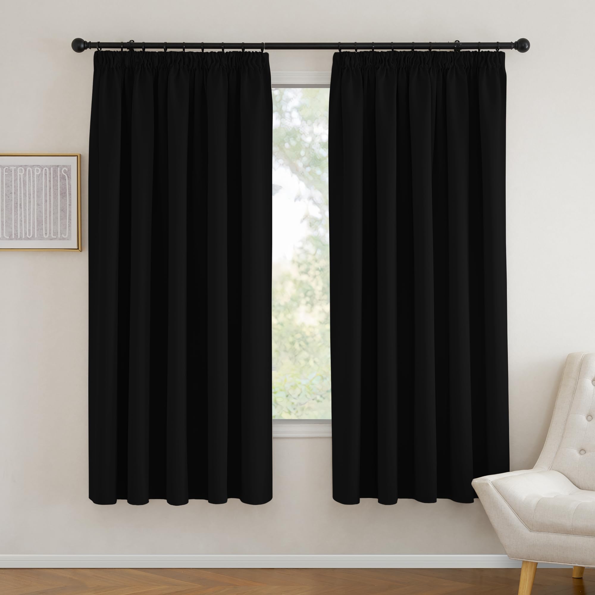 PONY DANCE Thermal Blackout Curtains 90x72 for Bedroom Black Out Pencil Pleat Curtains for Track Extra Wide Curtains for Living Room Window Treatment, W90 X L72, 2 Panels, Black — image 1