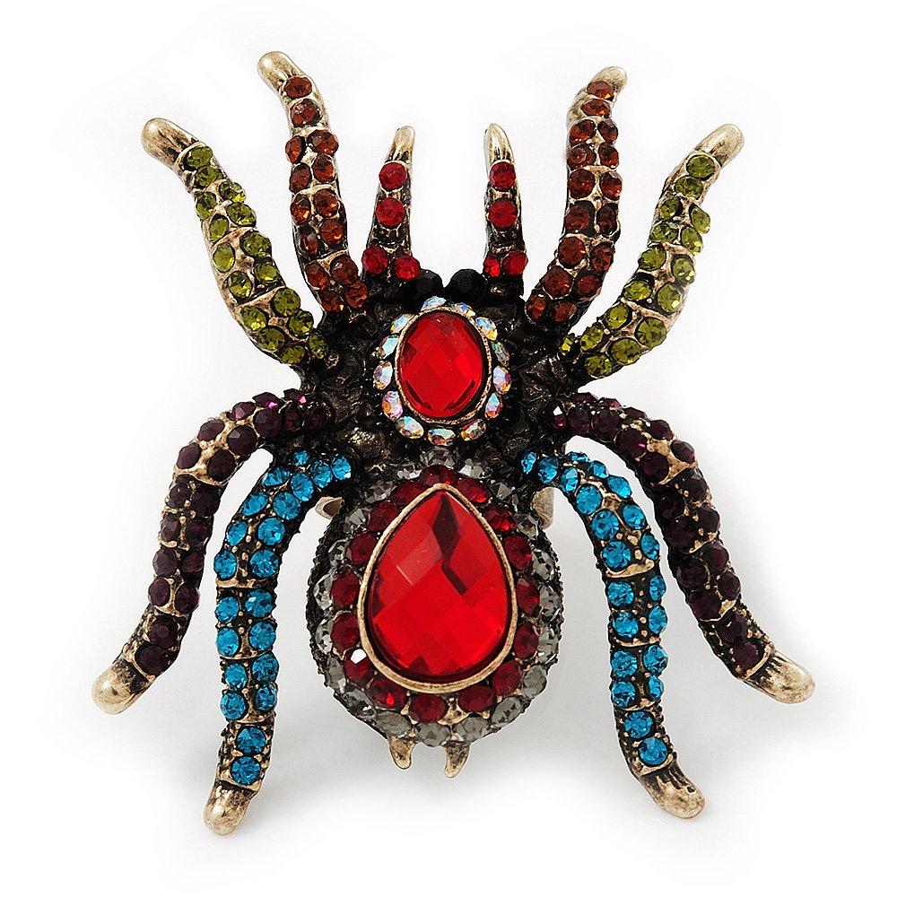Avalaya Oversized Multicoloured Crystal Spider Cocktail Ring (Antique Gold Finish)