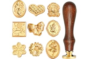 Wax Seal Stamp Kit- 9Pcs Vintage Brass Sealing Wax Stamps Head with Wooden Handle for Gift Wedding Invitations Cards Envelope