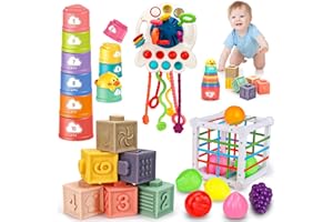 QIRPTEY Montessori Baby Toys 6-12-18 Months, Infant Pull String Stacking Cups Shape Sorter Blocks Toy 6 7 8 9 10 11 12 M+ Sensory Development Learning Toy 6-9 9-12 Months Birthday Gift for 1 Year Old Boy Girl