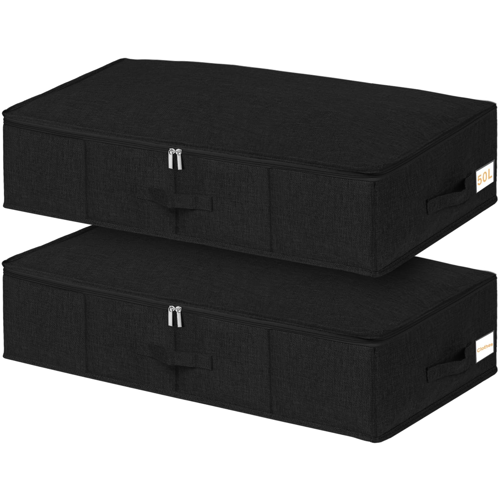 Underbed Storage, 2 Pack 50L Large Underbed Storage Boxes with Lids, Foldable Sturdy Under Bed Clothes Storage Drawer Organiser with Side & Bottom Support, Ultra Thick Fabric Black Under Bed Storage