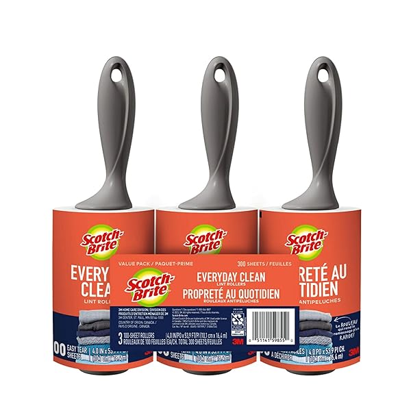SCOTCH-BRITE EVERYDAY CLEAN LINT ROLLER, 3 PACK, LINT REMOVER FOR PET HAIR, DARK CLOTHES, FURNITURE, AND DUSTY SURFACES, PICKS UP FUR & FLUFF IN YOUR HOME, CAR & OFFICE, 300 ADHESIVE SHEETS TOTAL