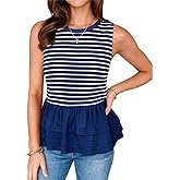 Tankaneo Womens Summer Striped Peplum Tank Tops Casual Crew Neck Sleeveless Shirts Color Block Loose Fit Ruffle Blouse