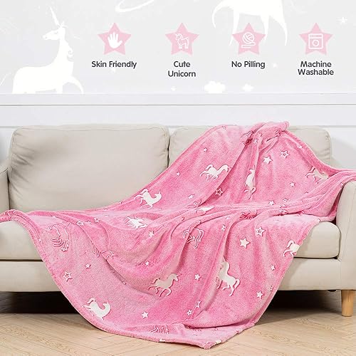 MAXYOYO Blanket Glow in The Dark 50 x 60 Inches, Pink Unicorn