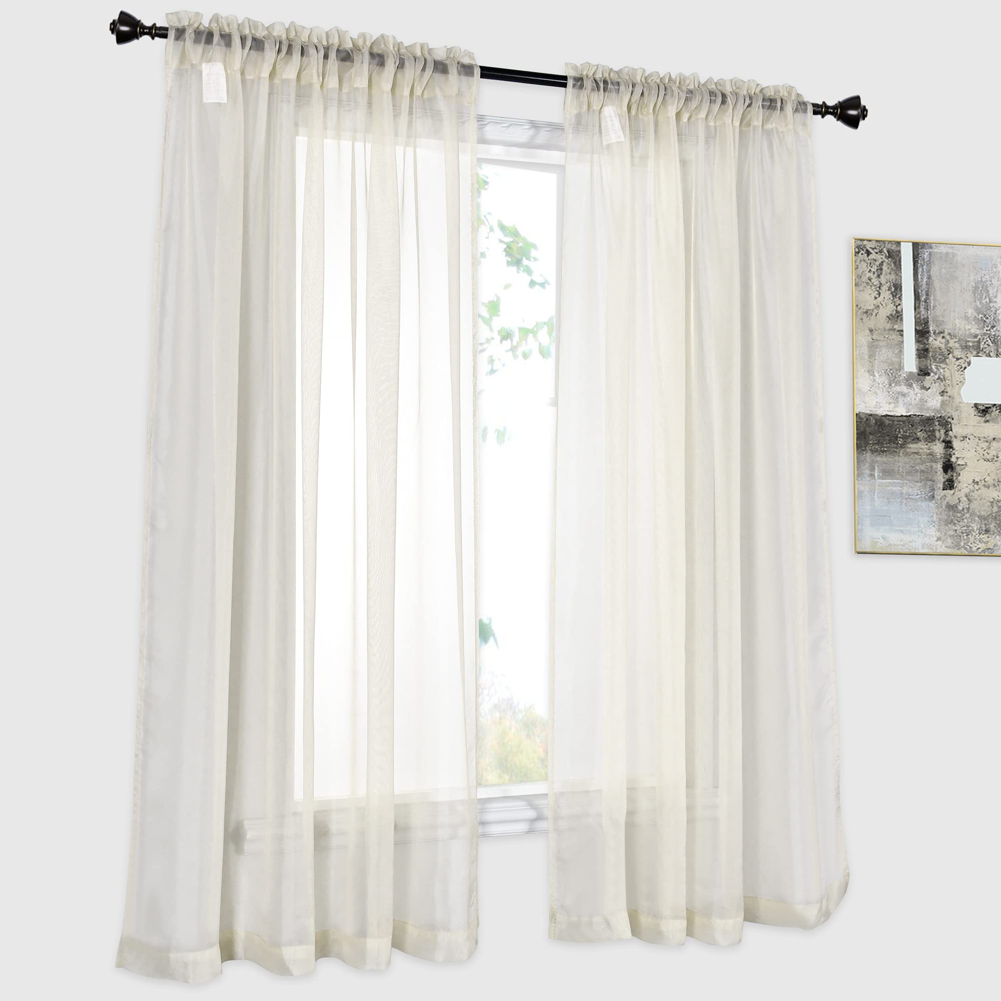DONREN 2 Panels Solid Color Beige Sheer Curtains Elegant Rod Pocket Window Voile Panels Drapes for Bedroom Living Room (52X54 Inches)