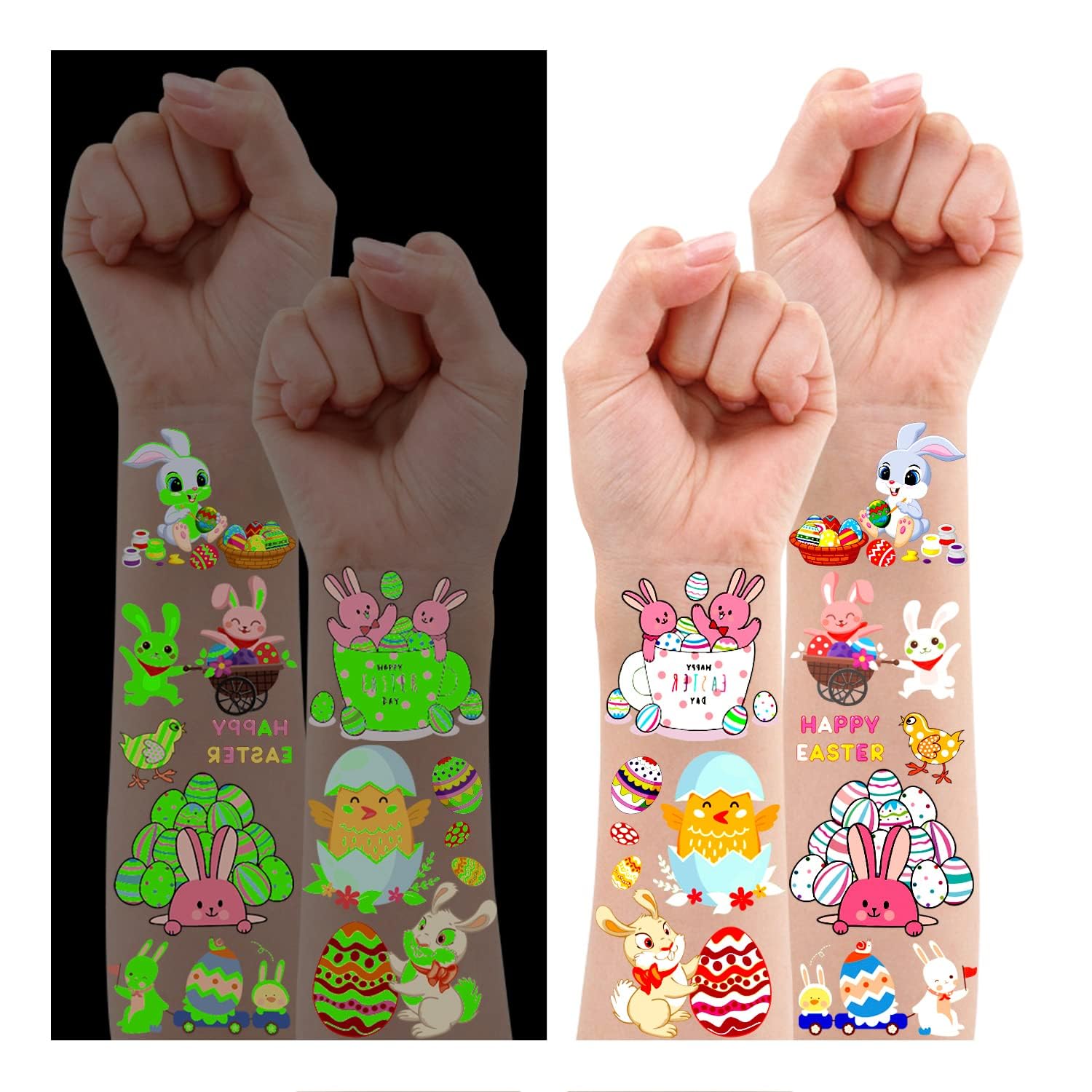 Leesgel Easter Decorations for Boys Girls, 12 Sheets Luminous Temporary Tattoos for Kids Easter Basket Bags Fillers, Glow Easter Toys Stickers for Easter Egg Hunt Games Prizes Party Supplies