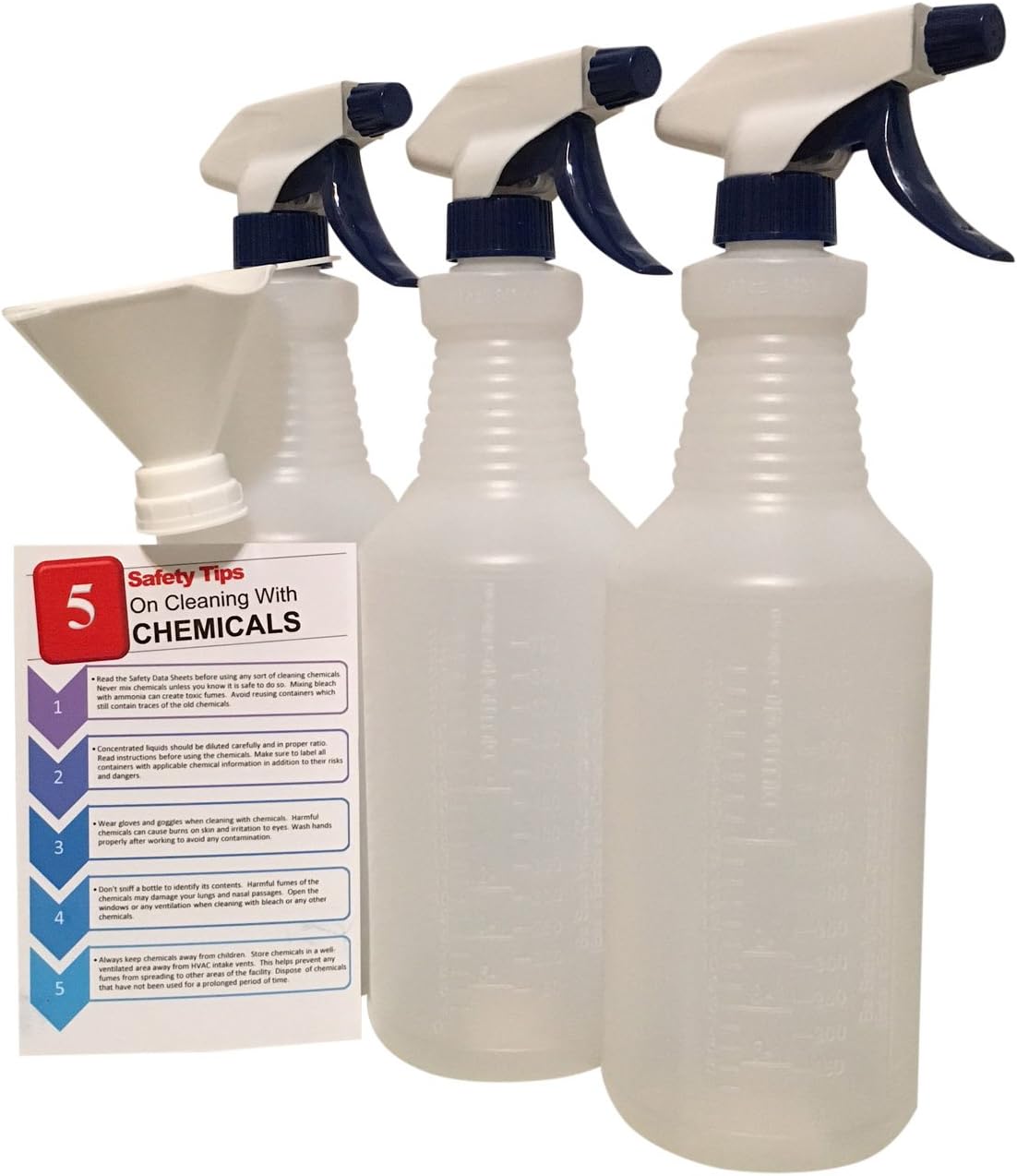 32-Oz Heavy-Duty Industrial Janitorial Spray Bottle with Adjustable Spray Head (Pack of 3) with Funnel and Safety Information