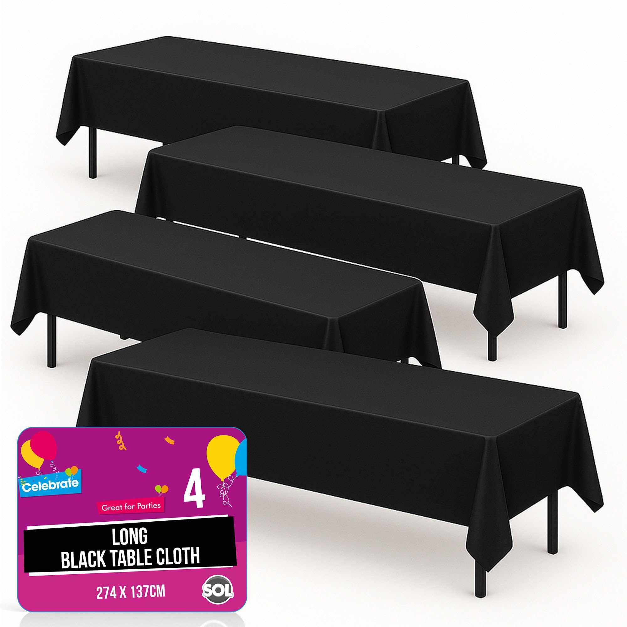 SOL 4pk Long Black Table Cloth Party 274x137cm Rectangular Large Disposable Plastic Cover. Heavy Duty Spill Protection: Opaque Design for Halloween, Graduation, Birthdays, Weddings, Buffets Catering