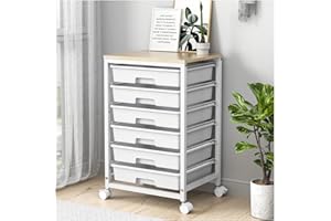 SYKIARIOL Rolling Cart with Drawers,Utility Cart with 6 Drawers,Rolling Storage Cart with Drawers and Wooden Tabletop & Lockable Wheel,White