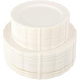 U-QE 100 Pieces Ivory Plastic Plates for Party - Ivory Disposable Plastic Plates - Heavy Duty Disposable Platos Including 50 Dinner 10 '' & 50 Dessert 7.5 '' for Valentine's Day