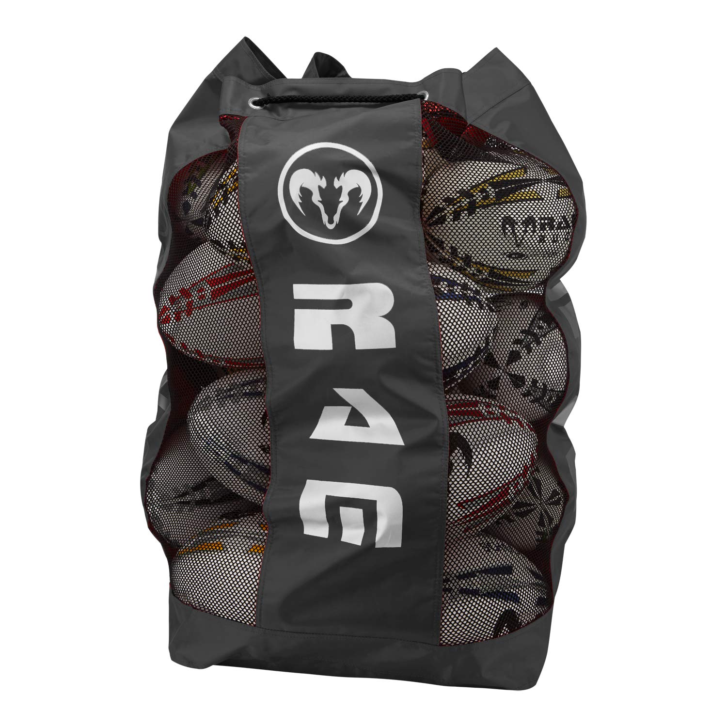Ram Rugby - Breathable Rugby Ball Bag - Holds 16 x Size 5 Balls – Durable Nylon Mesh Storage with Adjustable Strap & Drainage Hole – Large Sports Equipment Bag for Rugby, Football, Soccer – Dark Grey