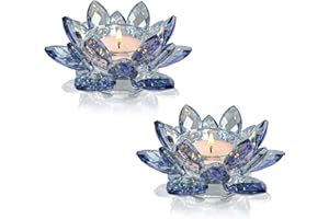 Kolnlala Crystal Lotus Flower Tealight Candle Holders/Glass Tea Light Candlestick Decor Decoration for Christmas Home Wedding Party… (Blue 2pcs)