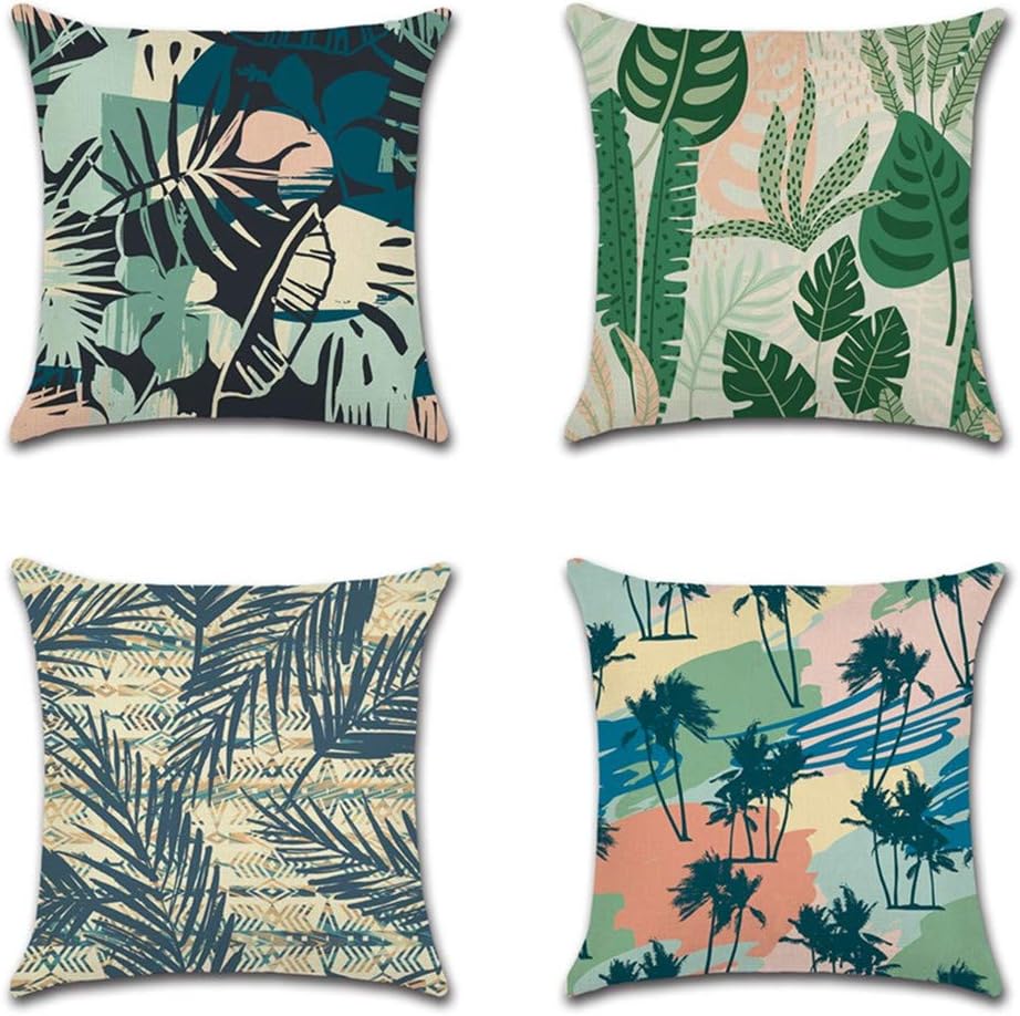 AOUSHAN Cozy Decorative Throw Pillow Cases for Home, Couch, Sofa, Bed - 4PCS Zip Accent Pillow Cover 100% Quality Linen Fabric(Tropical Forest) 18 x 18 Inches (4Pack Colour-B)