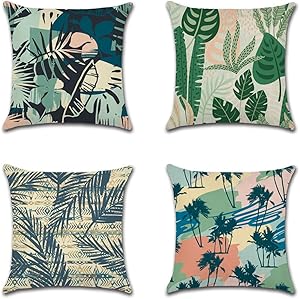 AOUSHAN Cozy Decorative Throw Pillow Cases for Home, Couch, Sofa, Bed - 4PCS Zip Accent Pillow Cover 100% Quality Linen Fabric(Tropical Forest) 18 x 18 Inches (4Pack Colour-B)