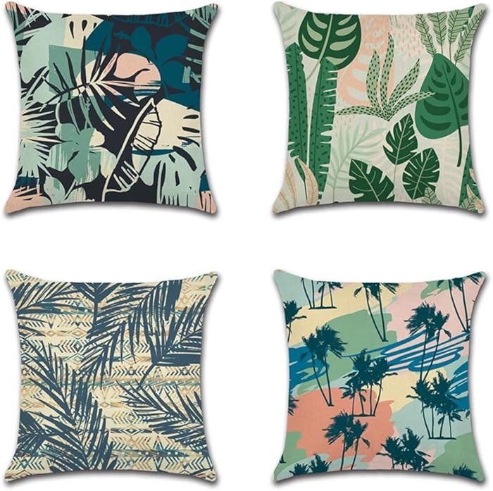 AOUSHAN Cozy Decorative Throw Pillow Cases for Home, Couch, Sofa, Bed - 4PCS Zip Accent Pillow Cover 100% Quality Linen Fabric(Tropical Forest) 18 x 18 Inches (4Pack Colour-B)