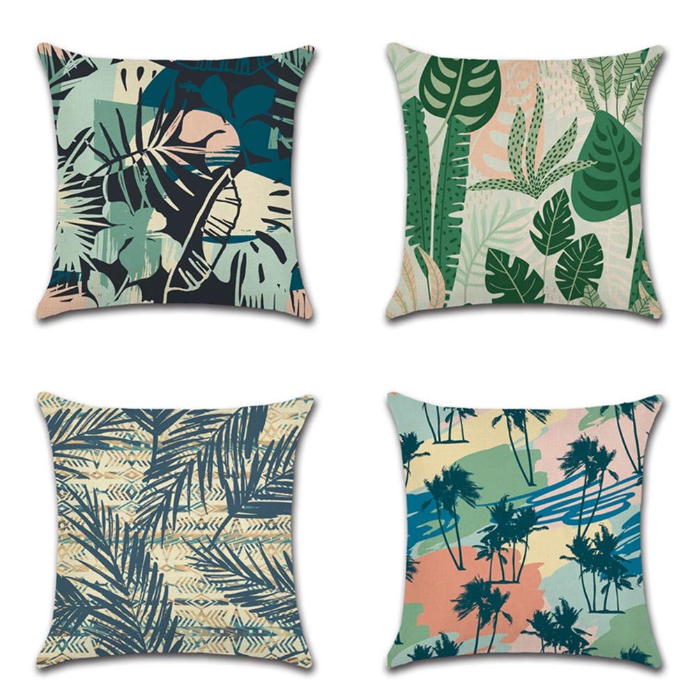 BAOKU Cushion Covers 45cm x 45cm Set of 4 Green leaves Decorative Throw Pillow Covers 18x18Inch Linen Square Cushion Cover