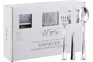 WDF 300 Pieces Silver Plastic Silverware - Plastic Silverware Heavy Duty - 100 Forks 100 Knives 100 Spoons - Disposable Silver Cutlery Perfect for Party/Wedding/Christmas