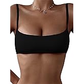 WDIRARA Women's Bandeau Swim Top Spaghetti Strap Ribbed Textured Wireless Bikini Tops