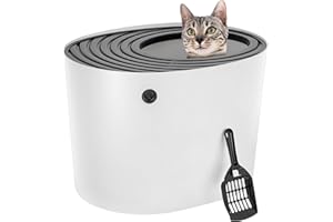 IRIS USA Top Entry Cat Litter Box with Scoop - Large - Stylish Enclosed Round Oval Kitty Dog Proof Box, Litiere Pour Chat Bac