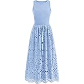 dowerme Women Summer Dresses 2026 Casual Sleeveless Crewneck A-Line Boho Lace Eyelet Cotton Tank Maxi Dress with Pockets