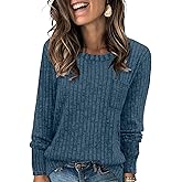 MixShe Womens Ribbed Knit Sweaters 2025 Fall Casual Long Sleeve Crewneck Pullover Tops with Pocket