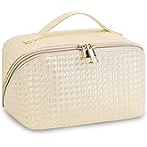 TINYAT Travel Makeup Bag for Women Open Flat Toiletry Bag Leather Cosmetic Bags Waterproof Pouch Travel Essentials Organizer