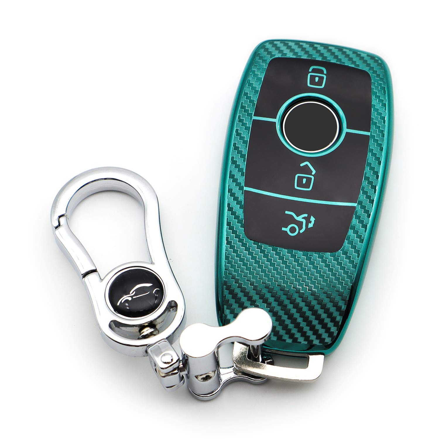 M.JVisun Soft Carbon Fiber Finish Car Key Fob Cover For Mercedes-Benz 2019-2022 A Class C Class G Class 2017-2022 E Class 2018-2021 S Class Electroplated TPU Case With Metal Keychain - Green
