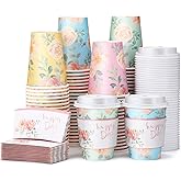 Remerry 100 Pcs 12oz Floral Disposable Coffee Cups with 100 Lids and 100 Sleeves Paper Insulated Drink Hot Coffee Paper Cups with Dome Lids and Sleeves for Parties Wedding Baby Shower(Fresh)