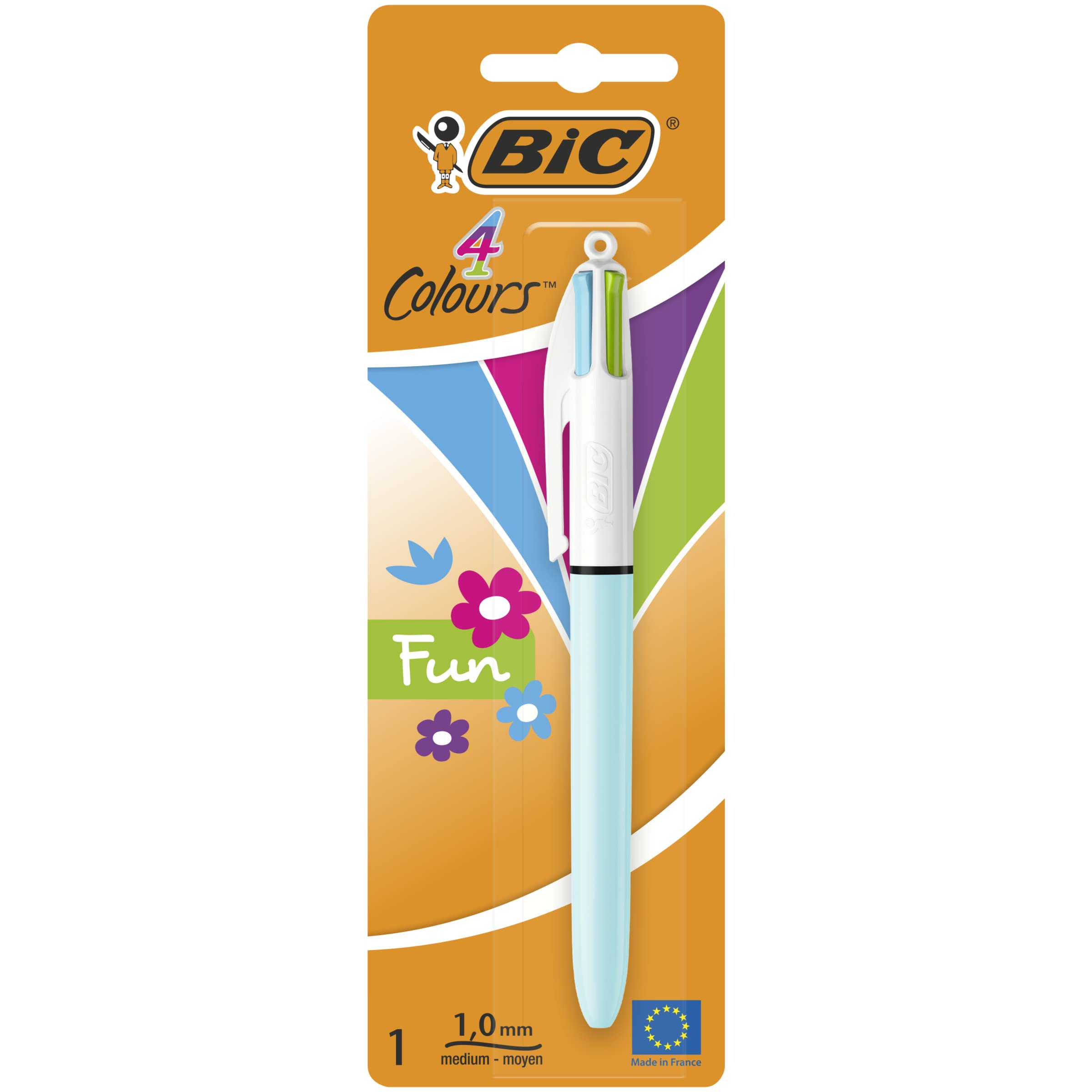 BIC 4 Colours Fun Retractable Ballpoint Pens - Assorted Fashion Body Colours and Medium Point (1.0 mm) , Single unit