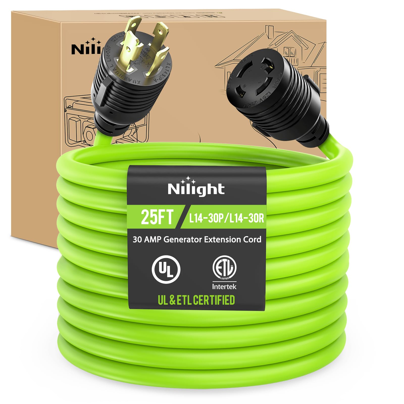 Nilight 25FT 30Amp Generator Extension Cord 125V Heavy Duty 10/3 Gauge Pure Copper STW Wire UL ETL Listed 4 Prong L14-30P L14-30R Weatherproof Suit for Camper Outdoor Use Bright Green Image