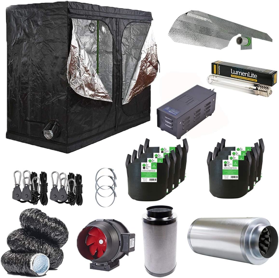Complete Silent Running Grow Tent Kit - 600w Magnetic Grow Light Kit - Twin Speed Filter Kit - 240 x 120 x 200cm Premium Grow Tent