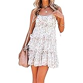 AELSON Sundresses for Women 2025 Floral Summer Dress Boho Flowy Cute Dresses Spaghetti Strap Sleeveless Ruffle Mini Dress