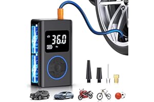JUSUOX Tire Inflator Portable Air Compressor, Air Pump for Car, 150PSI Portable Tire Inflator, Mini Bike Pump with Pressure Gauge, LED Light for Cars, Bikes, Motorcycle, Balls(Blue)