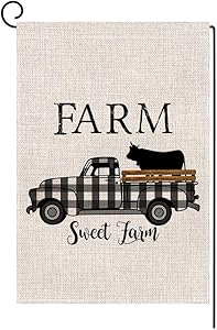 BLKWHT Farm Sweet Farm Buffalo Plaids Cow Truck Small Garden Flag Vertical Double Sided 12 x 18 Inch Farmhouse Yard Decor