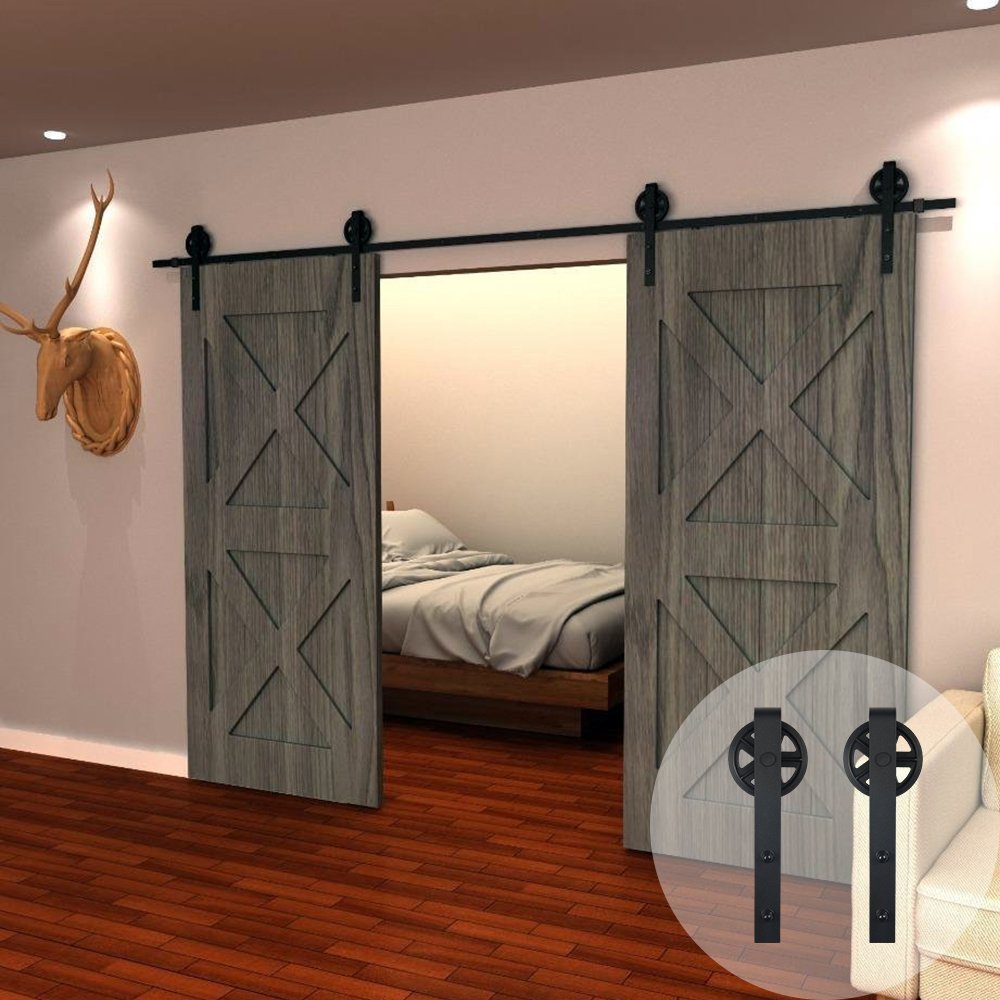 winsoon 11ft wood double sliding barn door hardware basic black big spoke wheel roller kit?5-18ft for choose