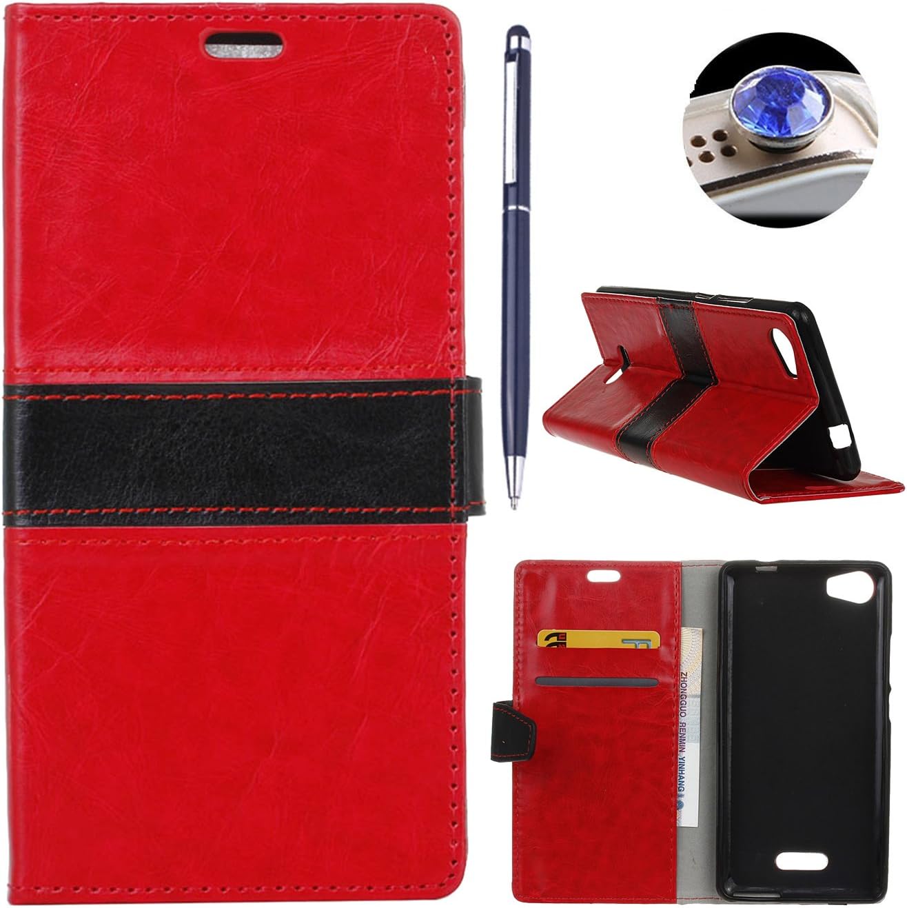 AyiHuan BLU life one x L0070UU 2016 Case,Premium PU Leather Wallet Flip Case Cover with Stand Card Holder For BLU life one x L0070UU Smartphone 2016,Red & Black