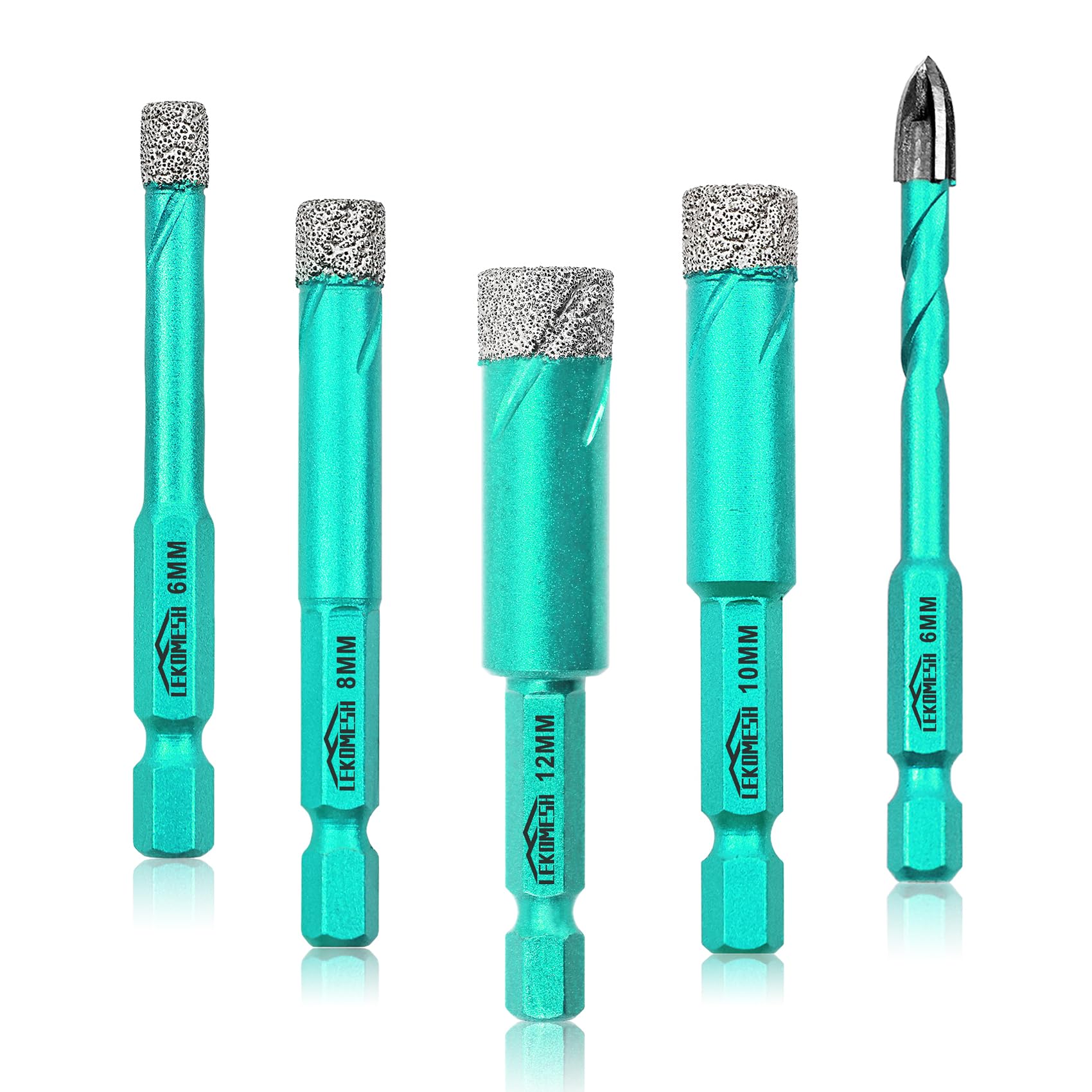 LEKOMESH Diamond Drill Bit Kit - 4pcs 6/8/10/12MM Diamond Hole Saw & 1pc 6MM Carbide Drill with Quick Change Hex Shank for Porcelain Tile Drill Bits for Ceramic Marble Granite Stone Quartz