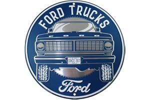 Hangtime Ford Truck Sign, Vintage Metal Decor with Classic Old F-Series Pick-Up, 12 Inch Round Wall Art
