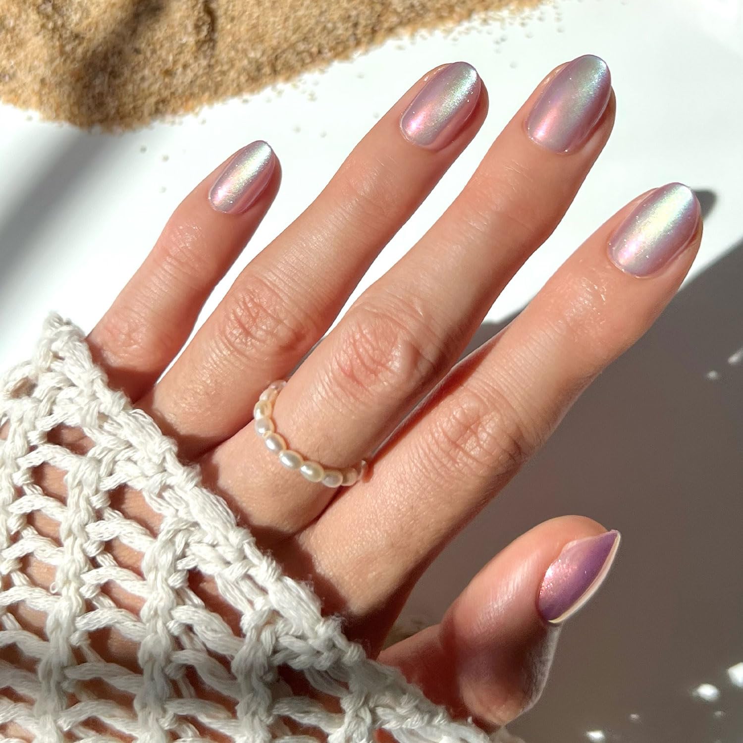 Photo 1 of Glamnetic Press On Nails - Oyster | Short Oval Cat Eye Fake Nails with a Velvet Pearlescent Finish, Salon Quality Summer Nails | 15 Sizes - 30 Nail Kit with Glue