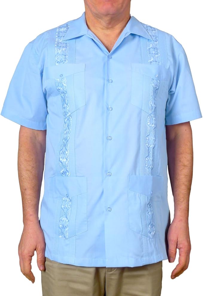 Squish Cuban Style Guayabera Shirt, Light Blue at Amazon Men’s Clothing store Button Down Shirts