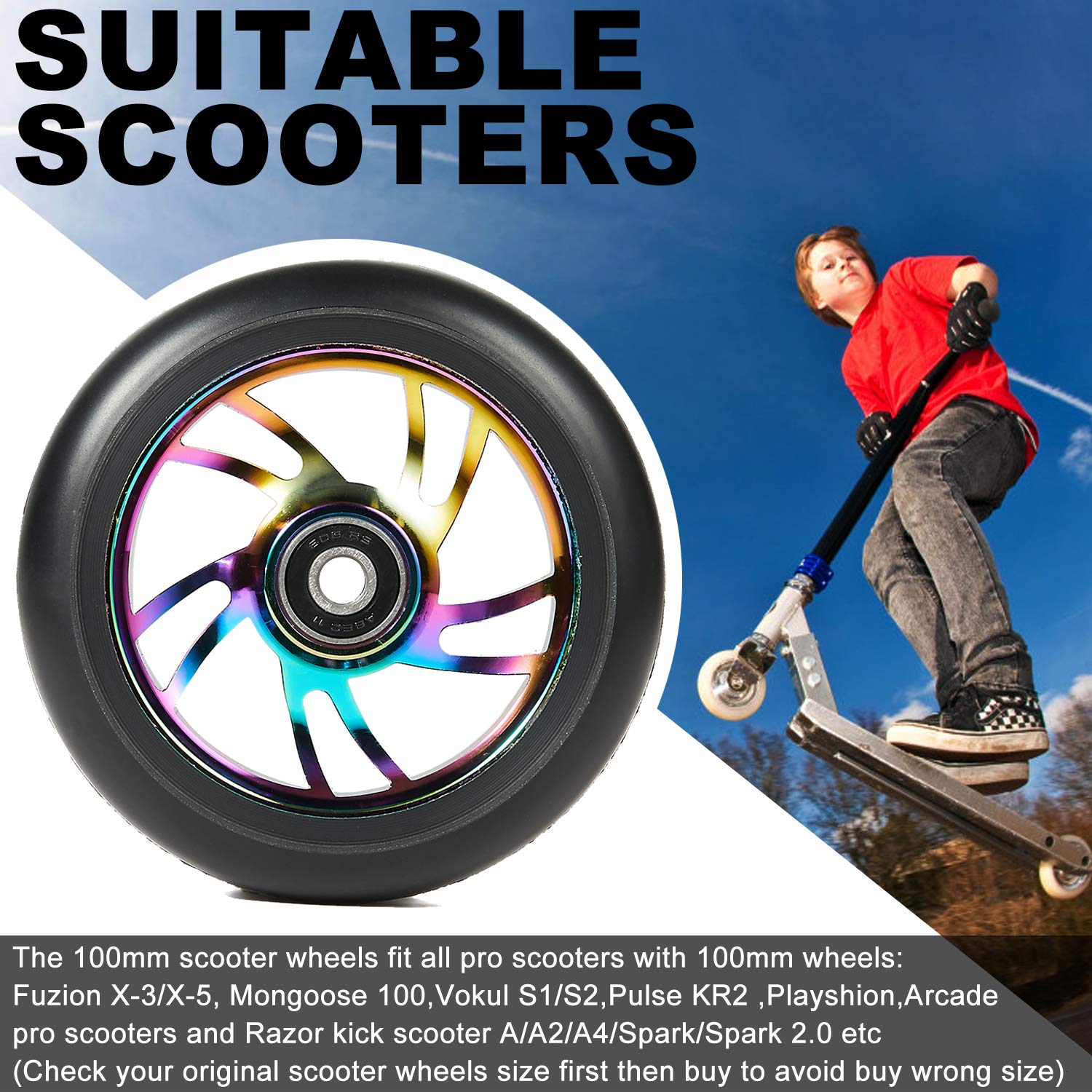 100mm Scooter Wheels - Pro Scooter Wheels 100mm Pair - Neo Oil Slick 100mm Metal Scooter Wheels Replacement - Pro Scooter Wheels 100mm - 24mm x 100mm - Bearings Installed - Scooter Wheels for Kids