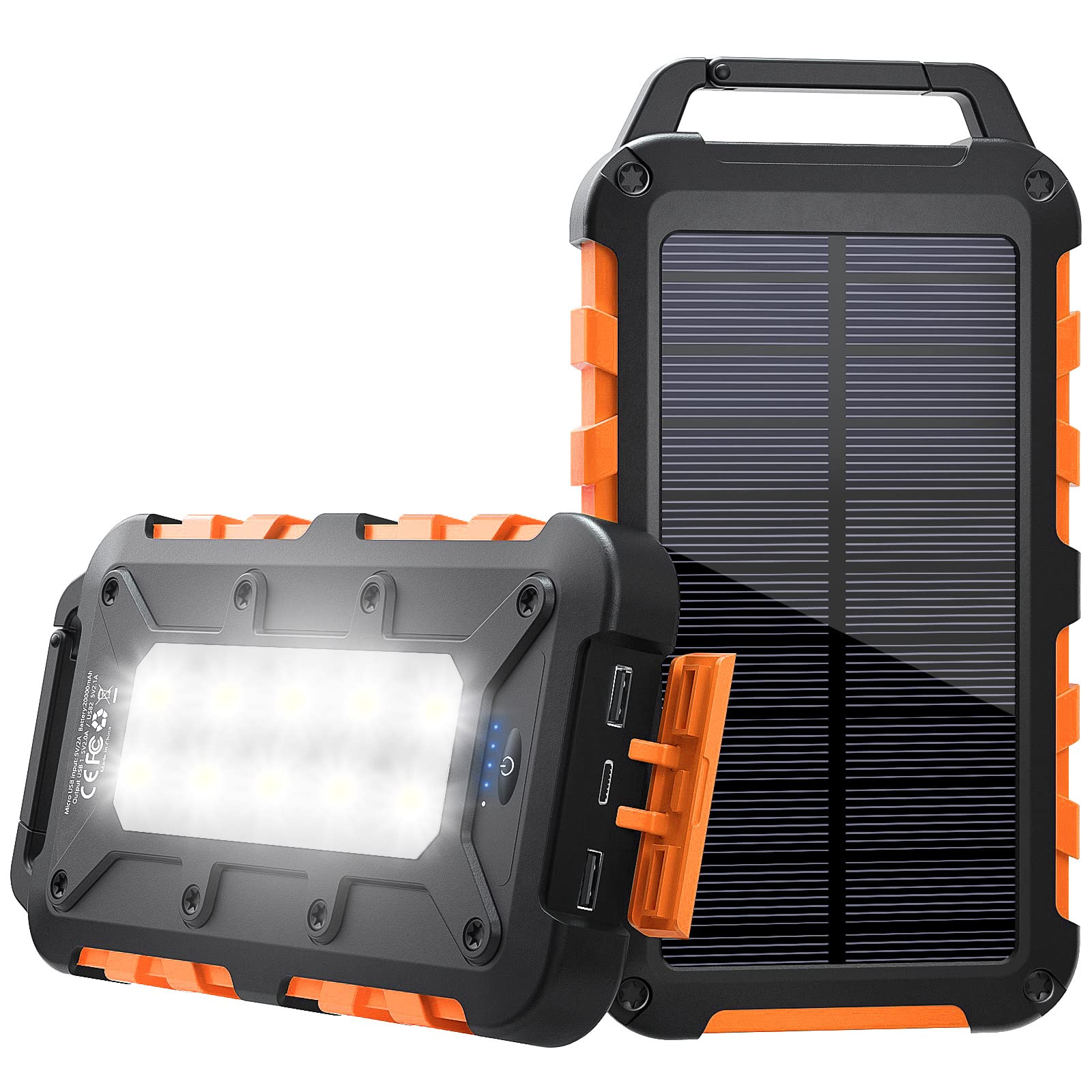 Solar Power Bank 20000mAh, PD 15W Fast Charging USB C Portable Solar Charger with 3 Outputs and 10 LED Flashlights, Fast Charging External Battery Pack for Smartphones Tablets Outdoors（orange）