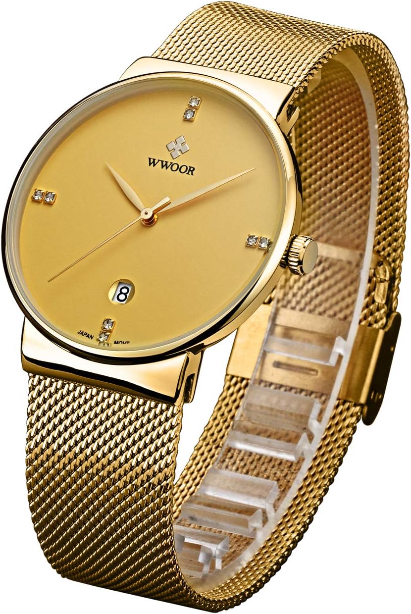 WWOOR Gent Casual Date Quartz Watches Elite Ultra Thin Stainless Steel Mesh Band Waterproof Watch for Men