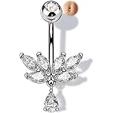 Melighting 14G Lotus Belly Button Ring Stainless Steel 316L Dangle Navel Piercing Jewelry Marquise CZ Belly Bar 10 mm Silver Body Jewellery for Women