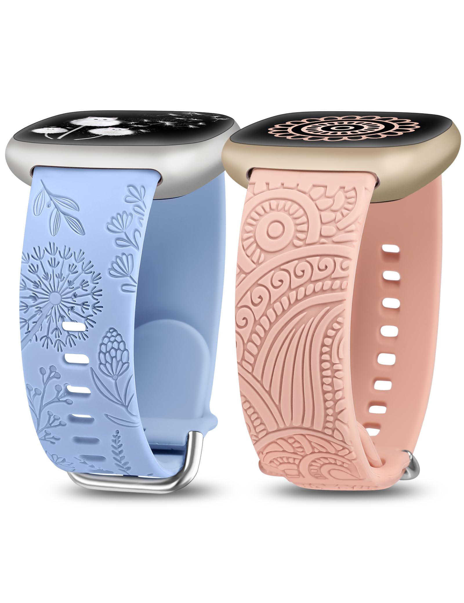 TOYOUTHS 2 Packs Floral Compatible with Fitbit Versa 4/Versa 3/Sense 2/Sense Straps, Soft Silicone Engraved Henna and Dandelion Pattern Sport Strap for Versa 3/4 Sense 1/2, Blue+Pink — image 1