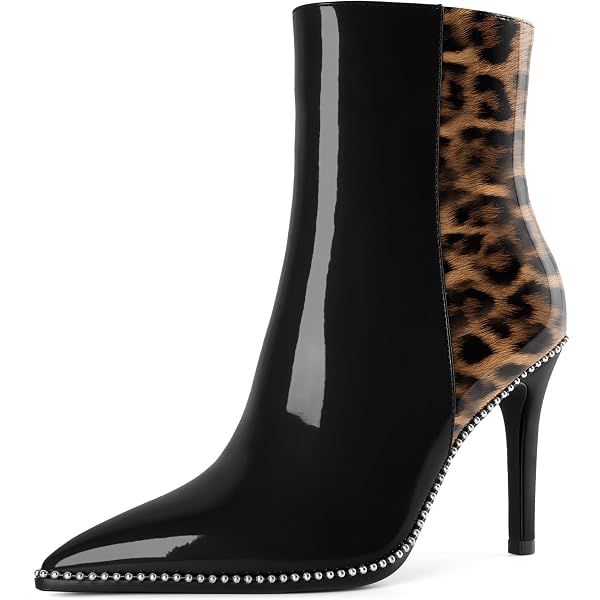 FSJ Women's Leopard Ankle Boots - Pointed Toe Low Heel Booties With Side Zipper