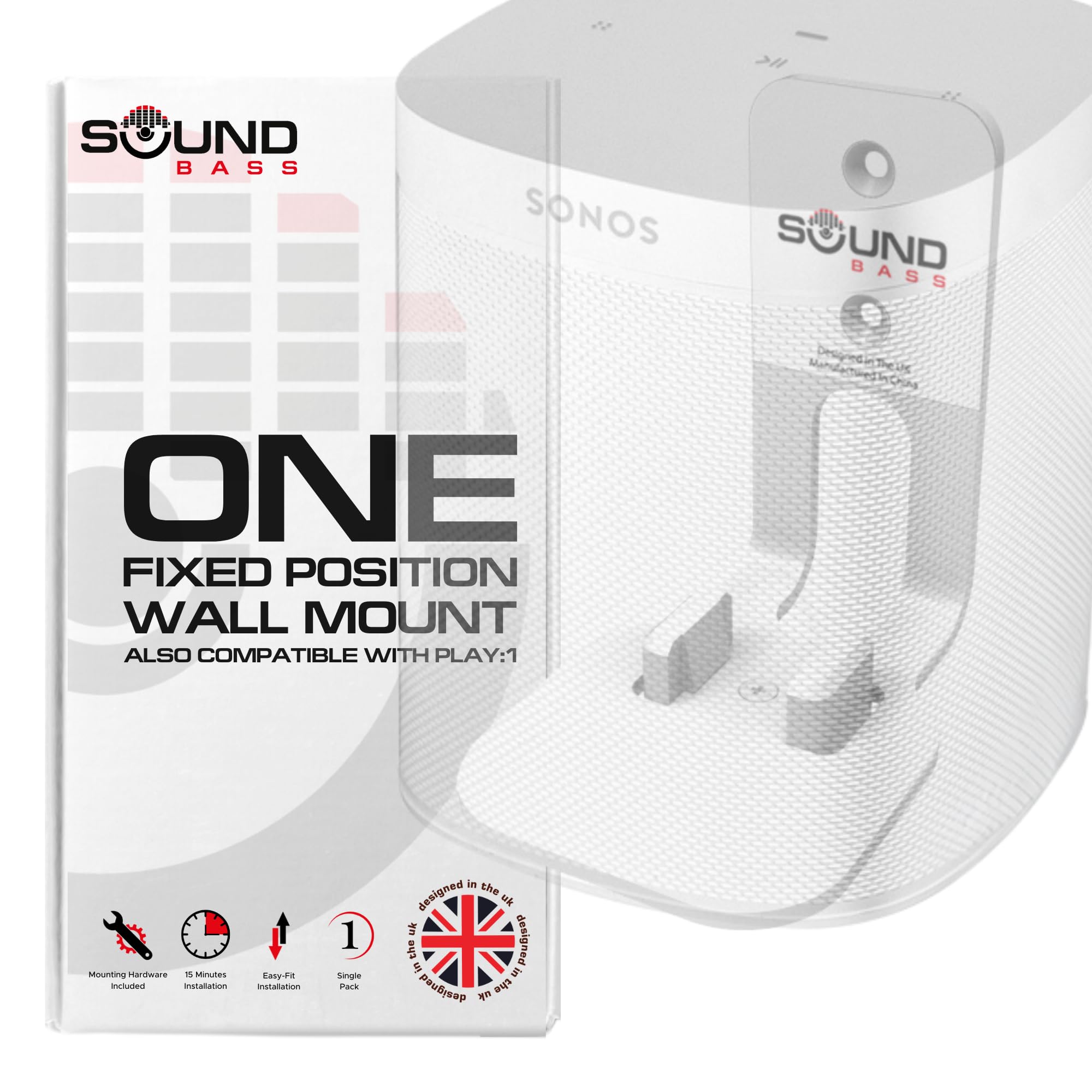 Sound Bass ONE, ONE Gen 2, ONE SL & Play:1 Wall Mount Bracket, White, Compatible with Sonos ONE, ONE Gen 2, ONE SL & PLAY1 Speaker