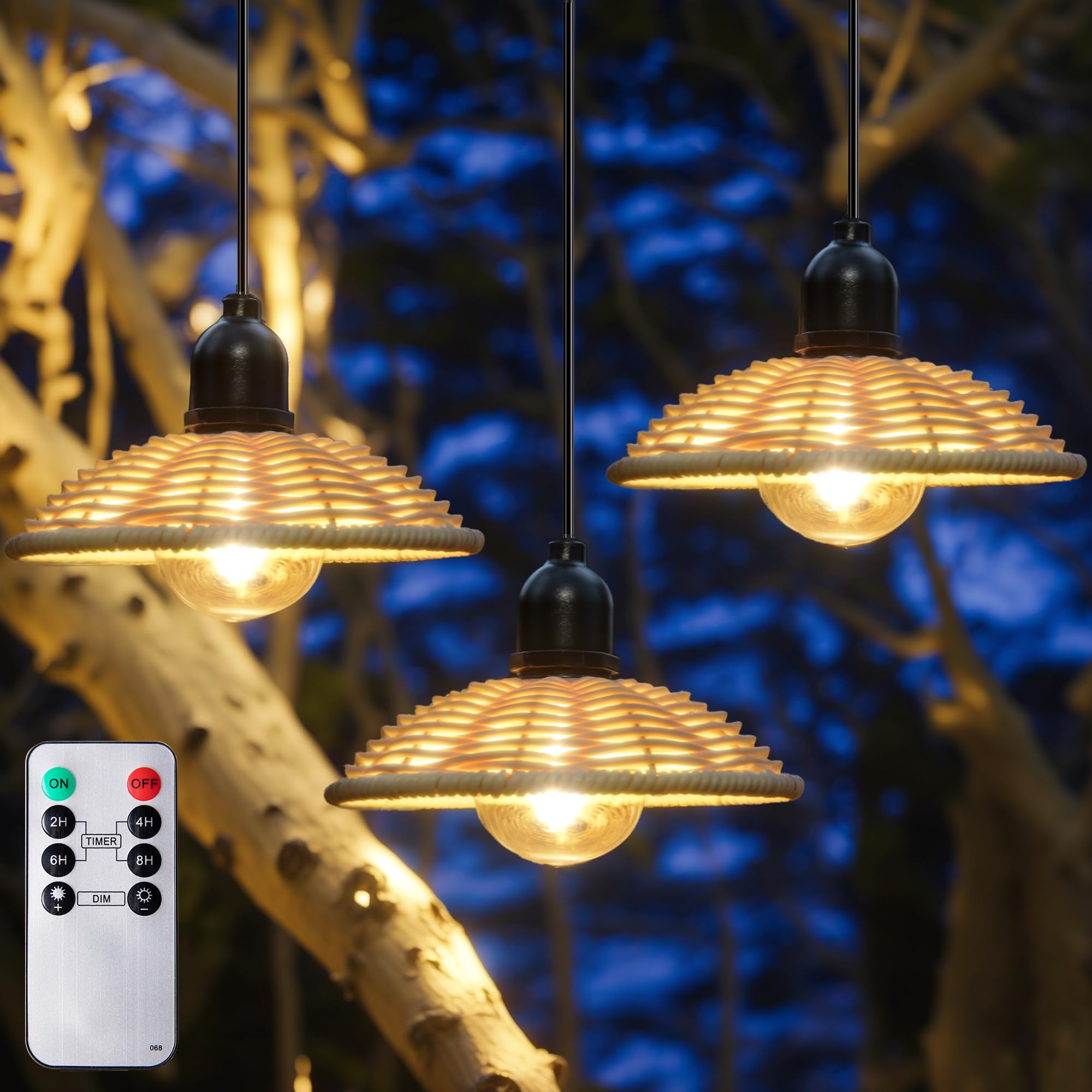Photo 1 of ALL FORTUNE 3 Pack Battery Operated Pendant Light, 7 Inch Outdoor Hanging Chandelier with Dimmable Timer, Waterproof Lantern Battery Powered by 4*AA for Gazebo Pergola Porch Patio Backyard Decor